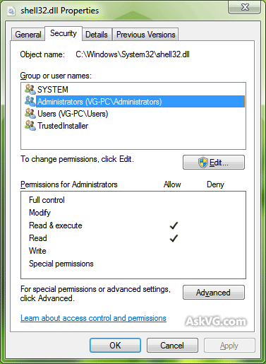 Update the user privileges to modify your file - Screenshot