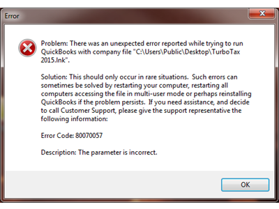 QuickBooks error message 80070057 - Screenshot