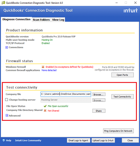 QuickBooks Connection Diagnostic Tool (Test Connectivity) - Screenshot