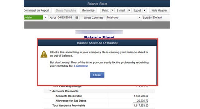 Balance Sheet Out of Balance in QuickBooks - Screenshot