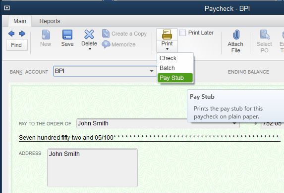Printing pay stubs with the help of paycheck list - Screenshot