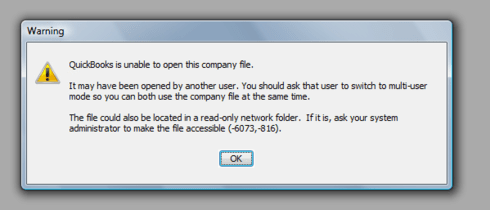 QuickBooks unable to open company file-  Screenshot