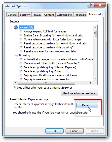 Reset or Restore Defaults, under the Advanced tab - Screenshot