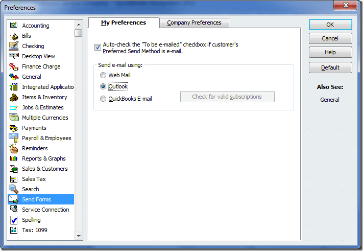 Setting up Email in QuickBooks - Screenshot