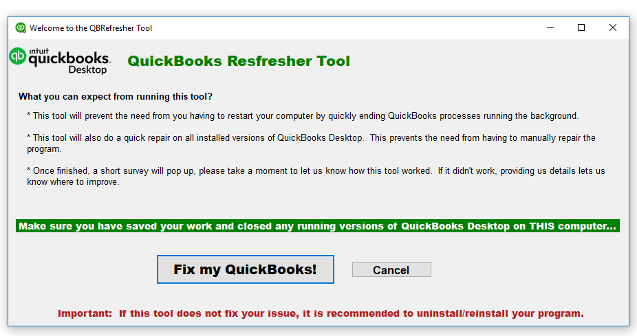 Download and run the QB Refresher tool - Screenshot