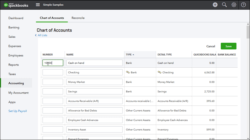 Add Account in QuickBooks online - Screenshot