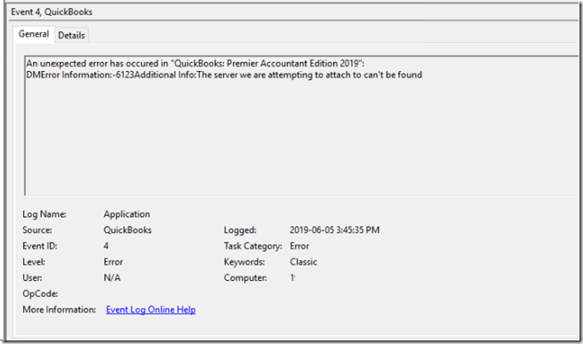 QuickBooks Event id 4 Error in Windows - Screenshot
