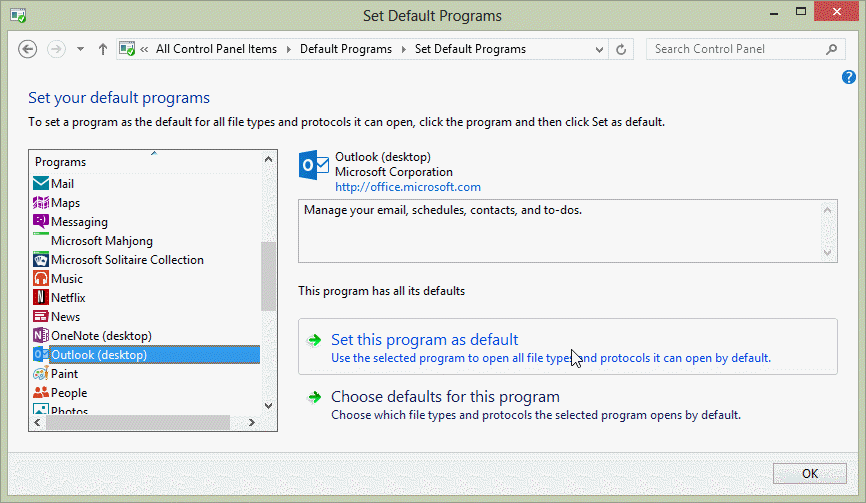 Setup the Outlook as default mail application - Screenshot