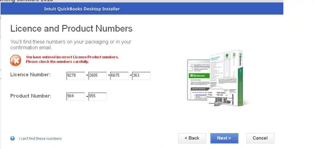 You have entered incorrect license and product numbers - Screenshot