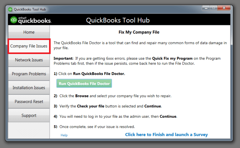 Company file issues tab in QuickBooks Tool Hub - Screenshot