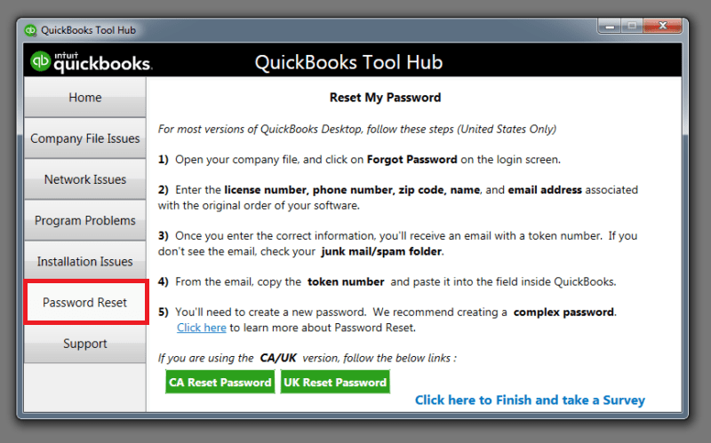 Password reset tab in QuickBooks Tool Hub - Screenshot