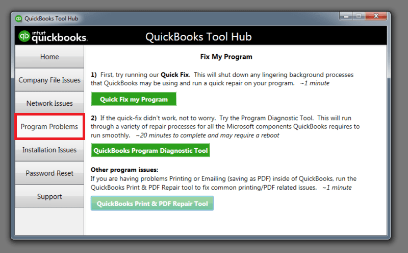 Program Problems tab in QuickBooks Tool Hub - Screenshot