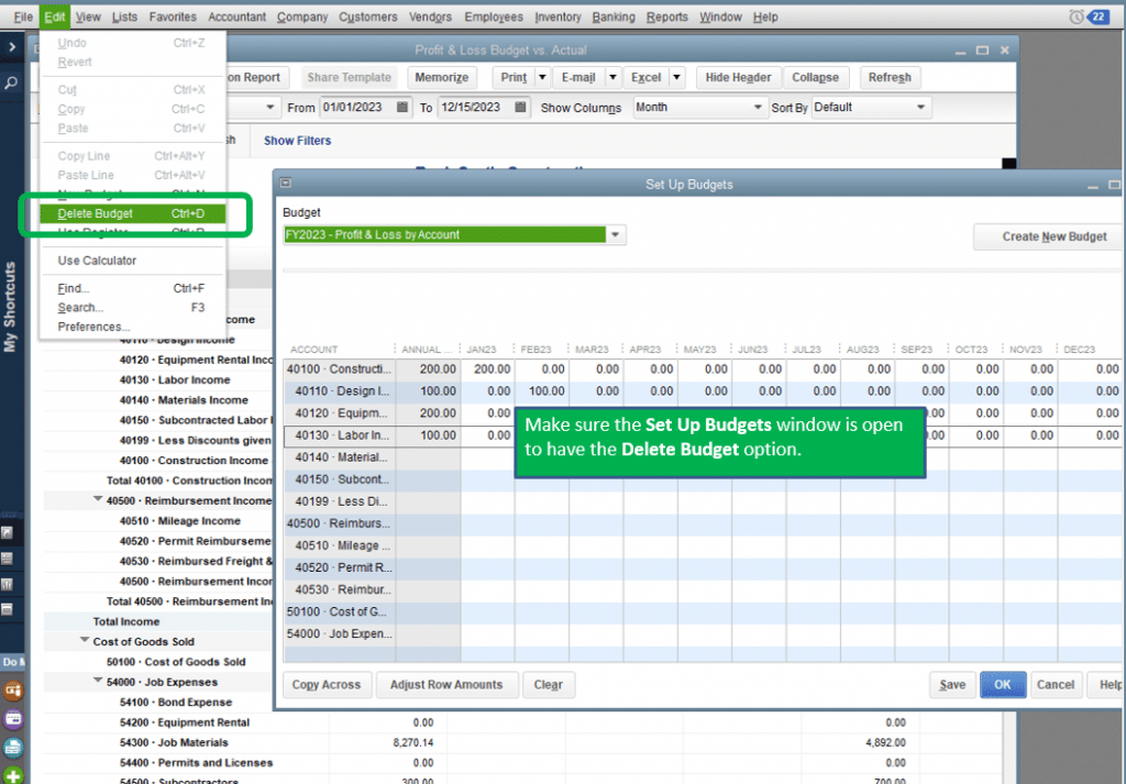 Delete Budget in QuickBooks Desktop - Screenshot