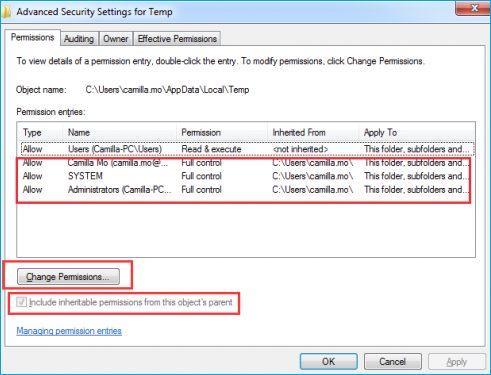 Changing the permissions of the windows temp folder - Screenshot