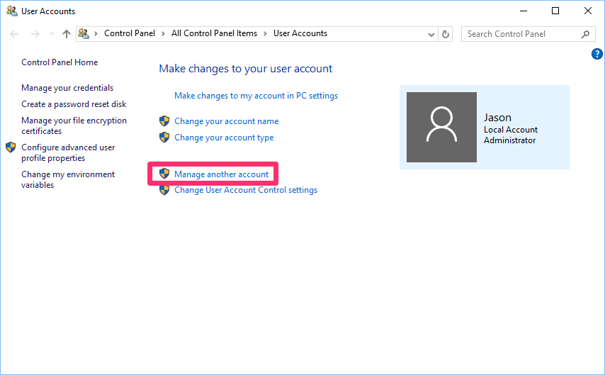 Manage another account - Screenshot