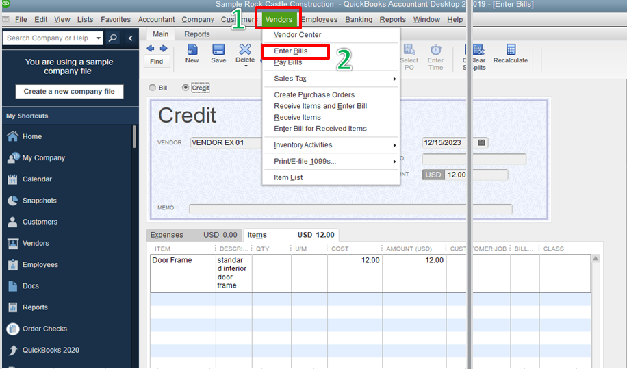 Recording a bill credit for the returned item - Screenshot