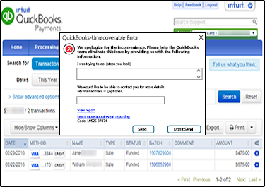 Unrecoverable error when loading Record Merchant Service Deposits - Screenshot