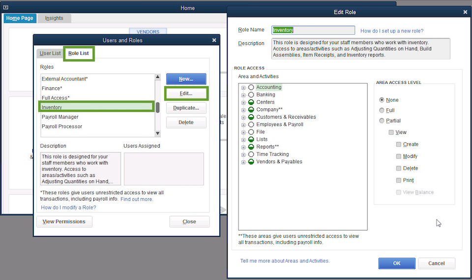 Edit for an existing role in QuickBooks Enterprise - Screenshot