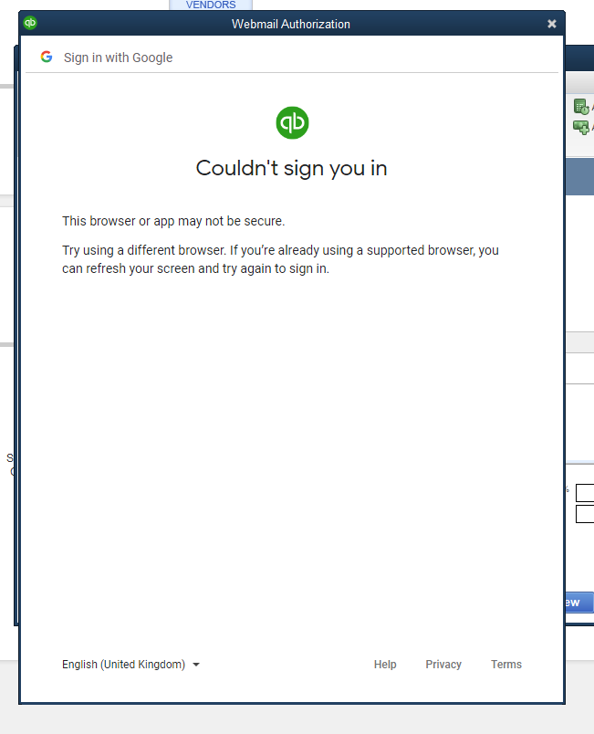 Gmail couldn’t sign you in from QuickBooks Desktop - Screenshot