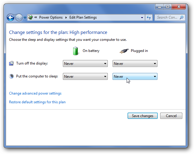 Disabling power management settings - Screenshot