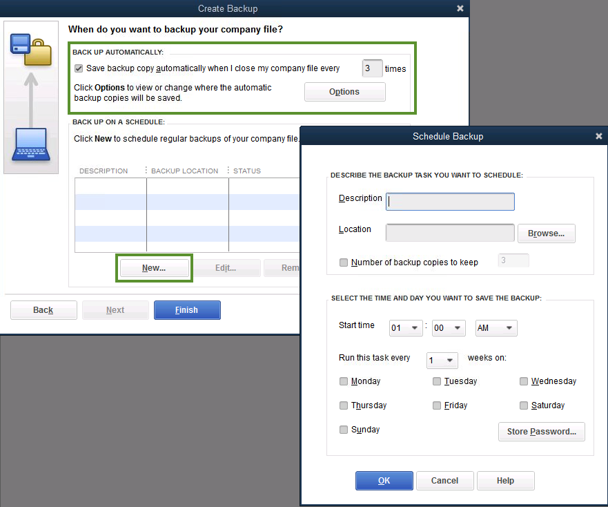 Checking scheduled automatic backup settings in QuickBooks - Screenshot