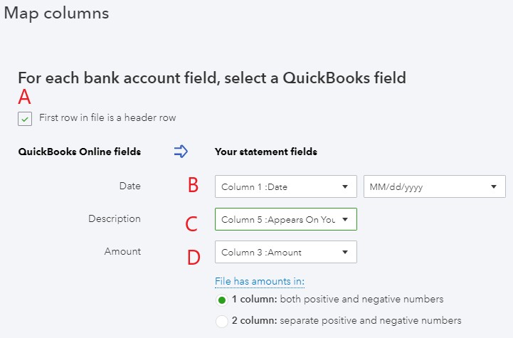 Map Columns to QuickBooks Fields - Screenshot 1
