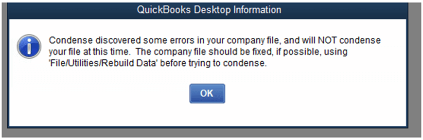 quickbooks desktop information- QuickBooks Data Condense Error - screenshot
